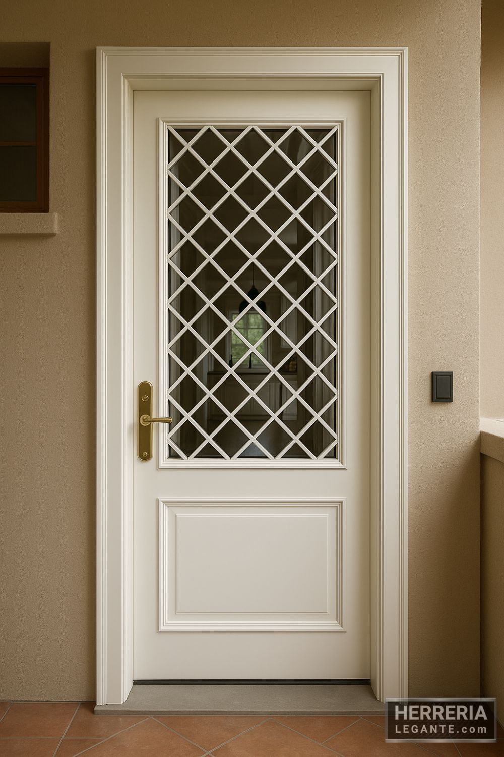 puerta de herrería blanca con vidrio y reja cruzada en rombos en sala de reuniones de casa moderna