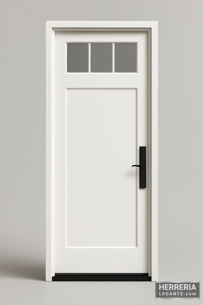puerta de herrería blanca con tragaluz superior de cuatro paneles, diseño minimalista ideal para accesos laterales o traseros en viviendas modernas