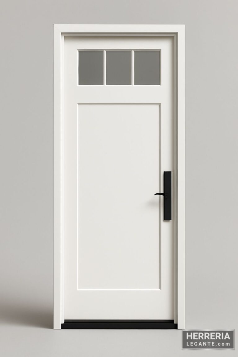 puerta de herrería blanca con tragaluz superior de cuatro paneles, diseño minimalista ideal para accesos laterales o traseros en viviendas modernas