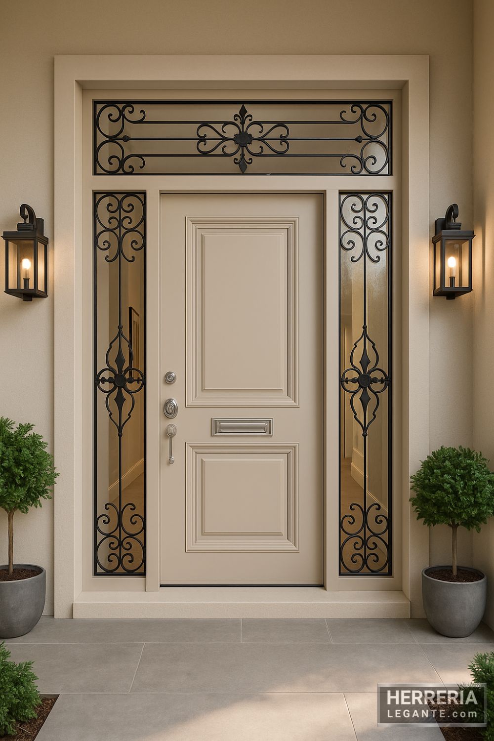 puerta de herrería color claro con laterales fijos y panel superior de forja negra, entrada con iluminación y plantas