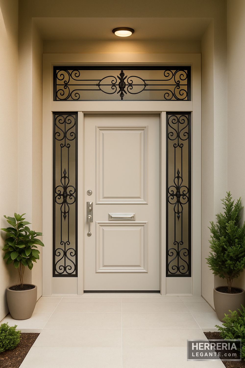 puerta de herrería color claro con panel superior y laterales de vidrio con forja negra, entrada elegante con plantas y luz superior