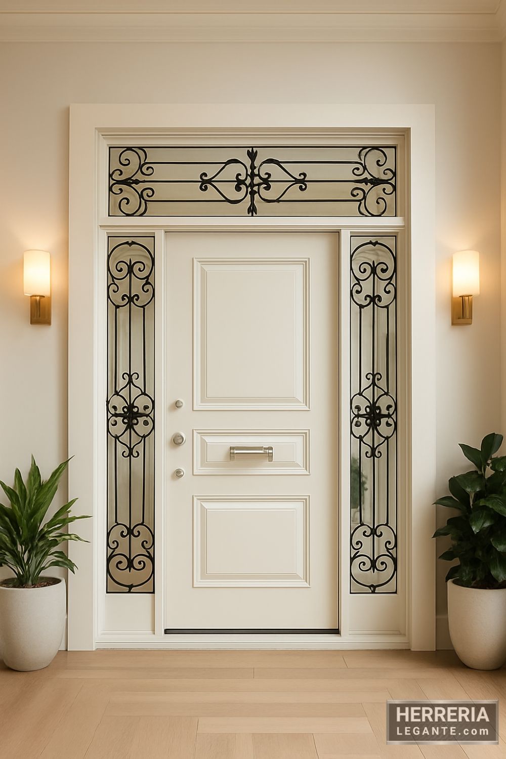 puerta de herrería color claro con laterales y panel superior de forja negra, vista interior con iluminación y plantas decorativas