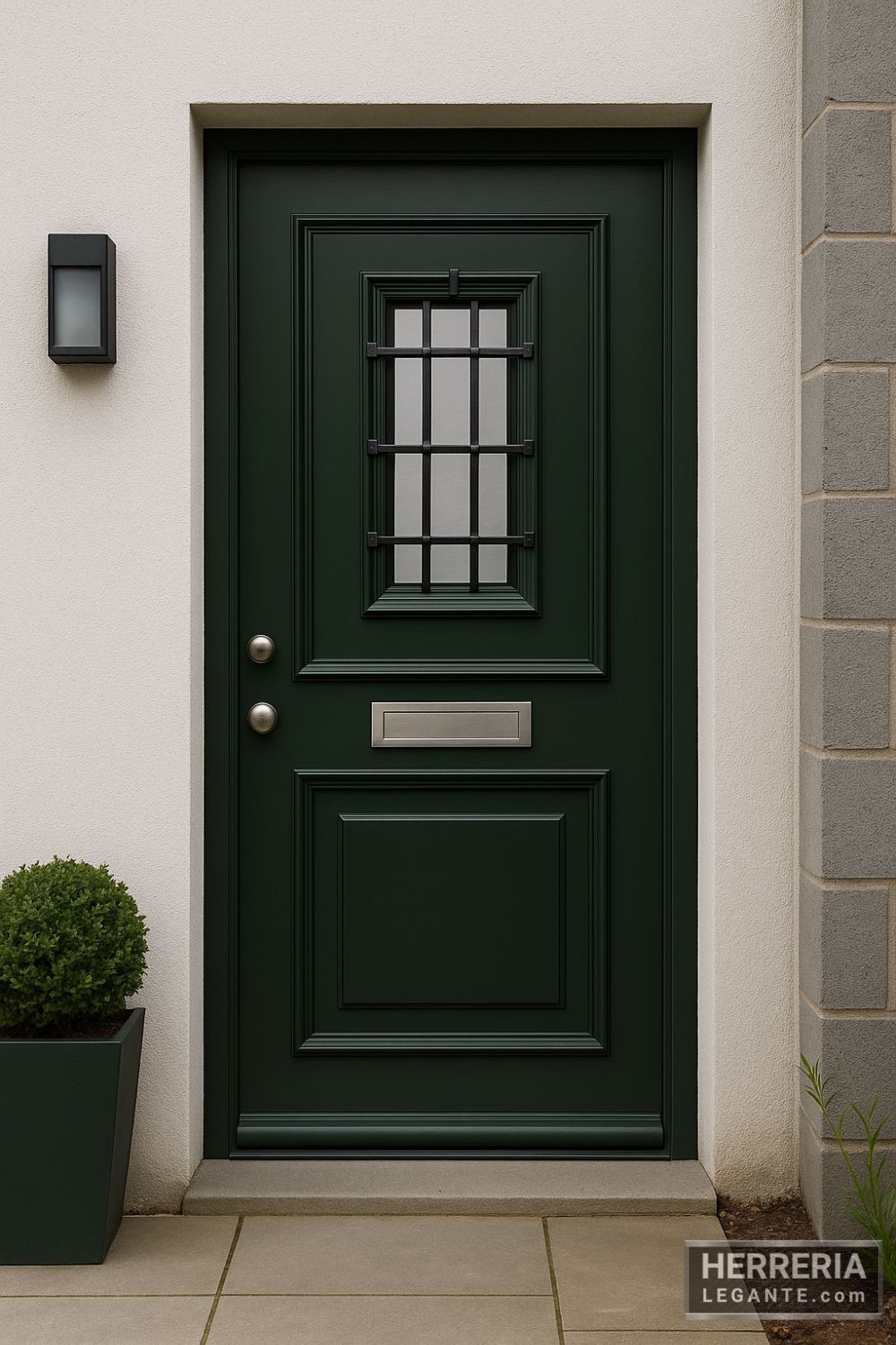 Puerta de herrería verde oscuro con rejilla central y buzón metálico, instalada en acceso secundario de vivienda con fachada de estuco y diseño sencillo