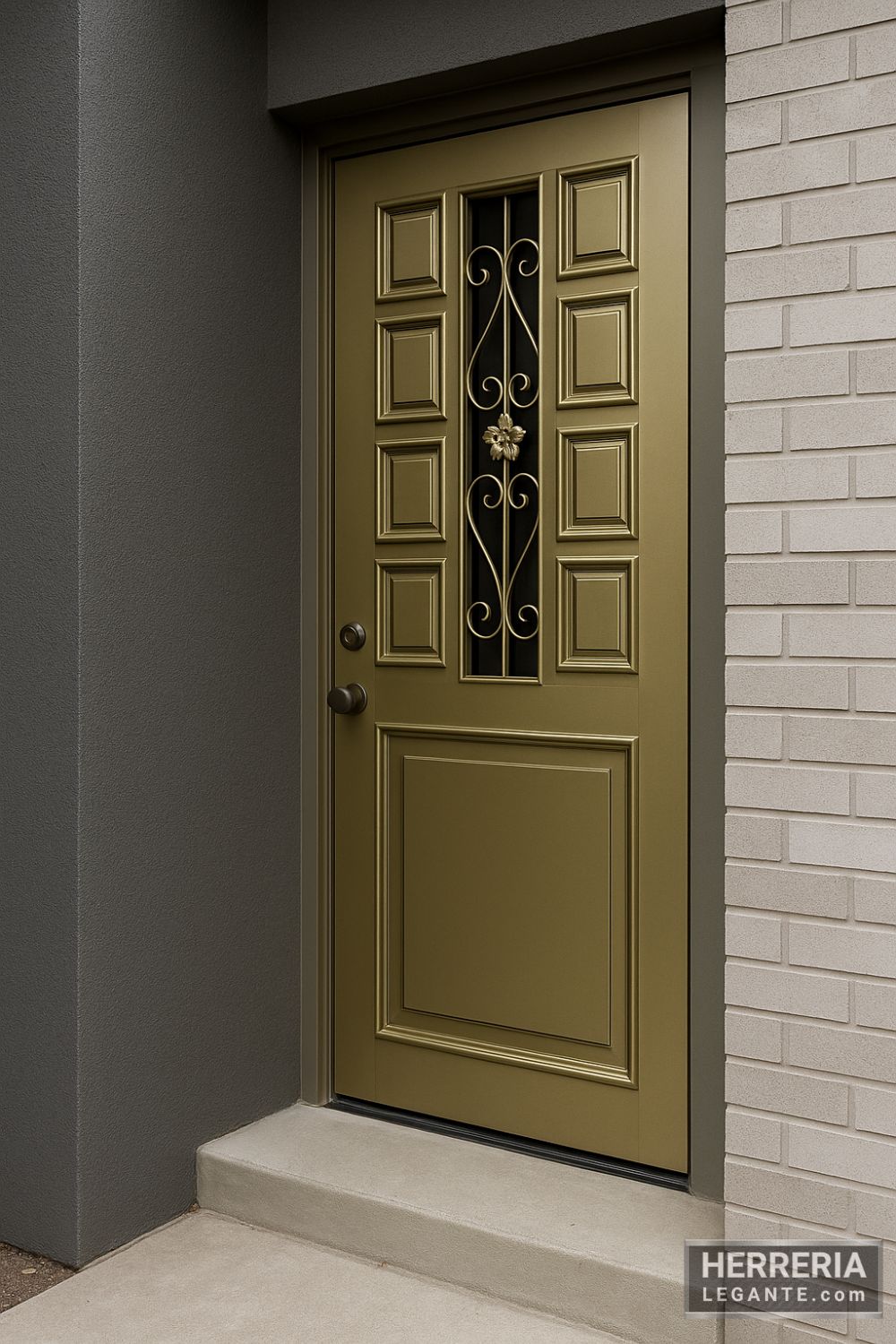 Puerta de herrería clásica en acabado dorado satinado con paneles geométricos y enrejado floral, instalada en acceso lateral de vivienda urbana con fachada contemporánea