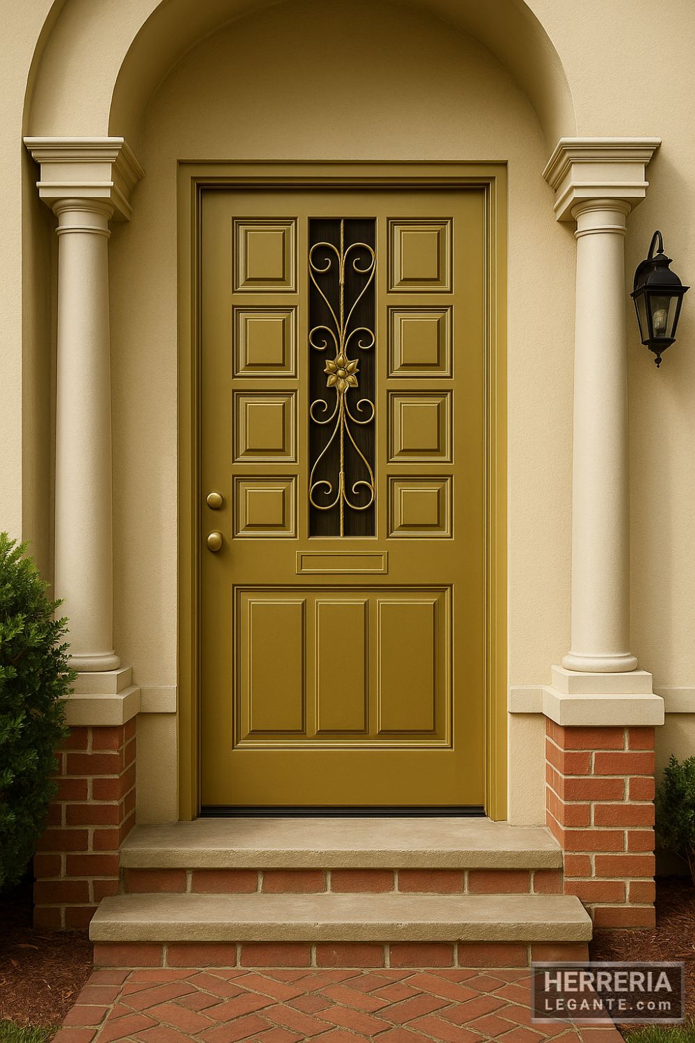 Puerta de herrería clásica en acabado dorado satinado con paneles geométricos y enrejado floral, instalada en fachada colonial con columnas y arco de entrada