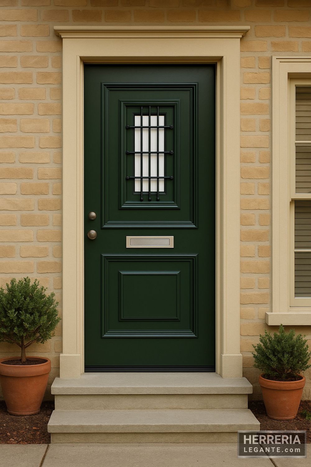Puerta de herrería verde oscuro con rejilla central y buzón metálico, instalada en fachada clásica familiar de ladrillo beige con molduras claras y macetas decorativas