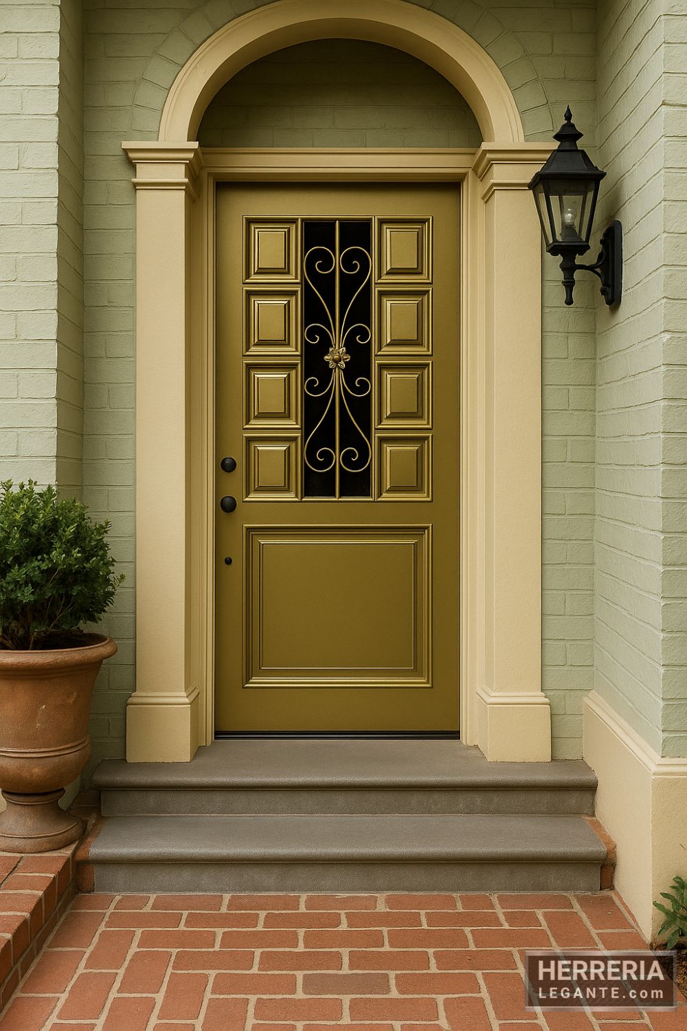 Puerta de herrería clásica en acabado dorado satinado con paneles geométricos y enrejado floral, instalada en fachada de casa vintage con escaleras y arco de entrada