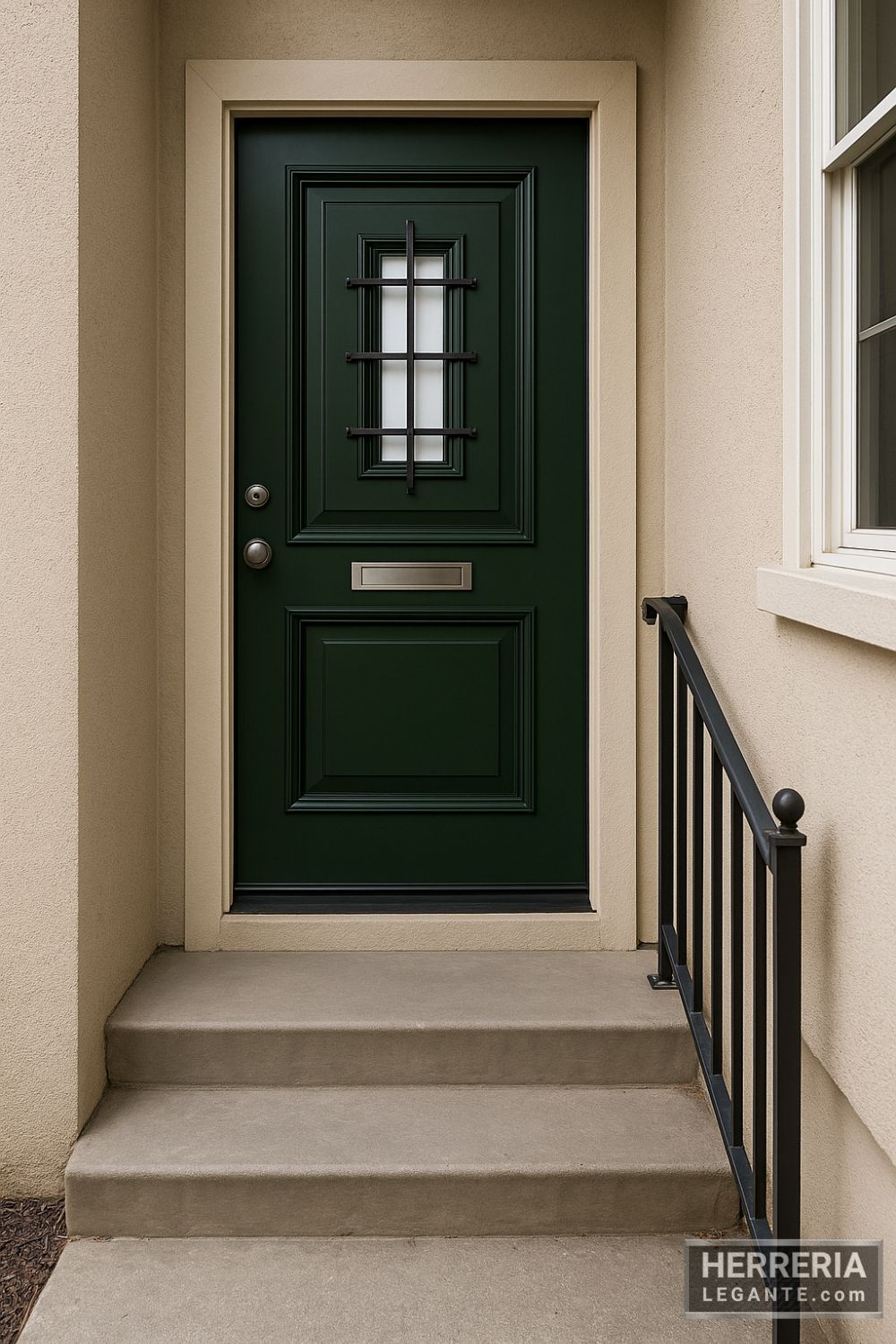 Puerta de herrería verde oscuro con rejilla central y buzón metálico, instalada en entrada de departamento independiente con escaleras de concreto y barandal negro