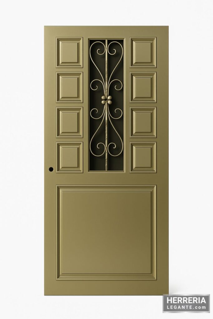 Puerta de herrería clásica en acabado dorado satinado con paneles geométricos y enrejado central decorativo con flor metálica