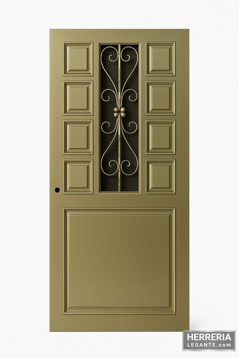 Puerta de herrería clásica en acabado dorado satinado con paneles geométricos y enrejado central decorativo con flor metálica
