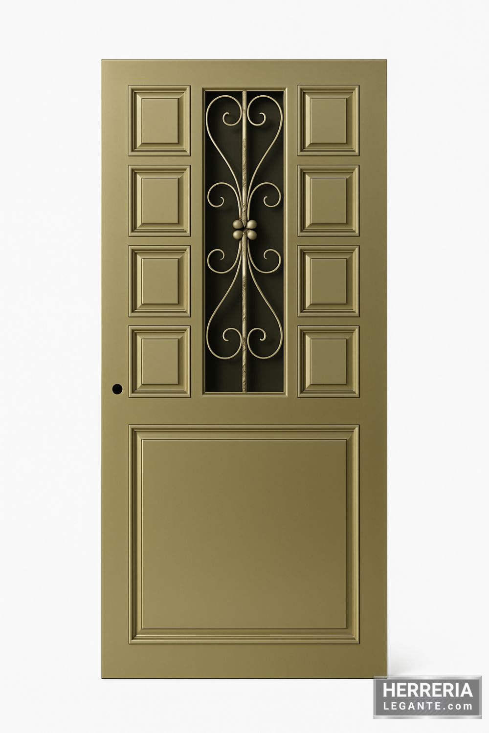 Puerta de herrería clásica en acabado dorado satinado con paneles geométricos y enrejado central decorativo con flor metálica