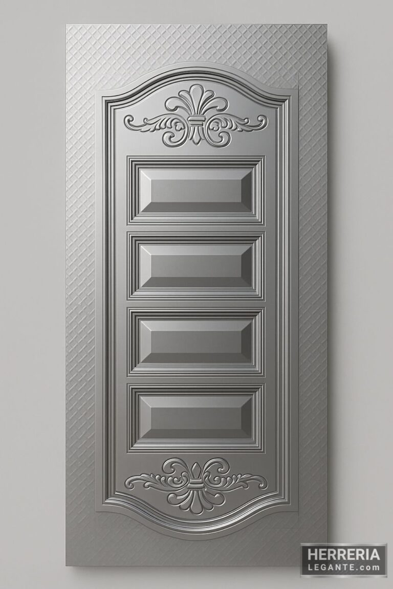 Puerta de herrería clásica de interior, con acabado metálico brillante, relieves geométricos y ornamentos decorativos, aislada sobre fondo gris neutro