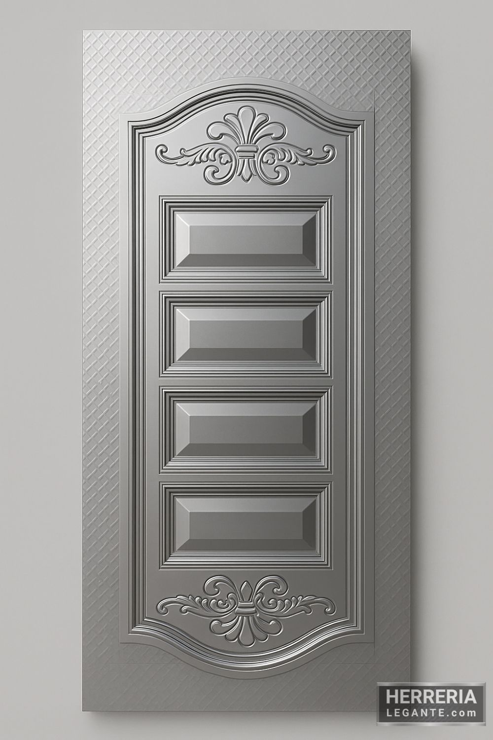 Puerta de herrería clásica de interior, con acabado metálico brillante, relieves geométricos y ornamentos decorativos, aislada sobre fondo gris neutro