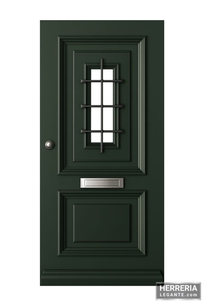 Puerta de herrería clásica en color verde oscuro con rejilla central, buzón metálico integrado y pomo lateral