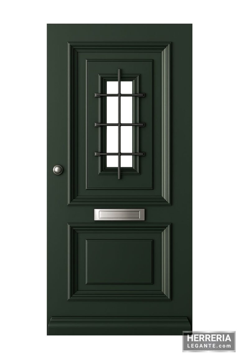 Puerta de herrería clásica en color verde oscuro con rejilla central, buzón metálico integrado y pomo lateral
