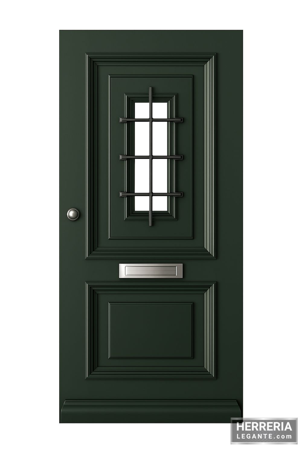 Puerta de herrería clásica en color verde oscuro con rejilla central, buzón metálico integrado y pomo lateral