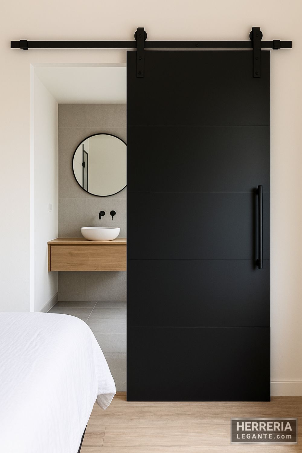 puerta corrediza de herrería negra separando dormitorio y baño con diseño compacto minimalista