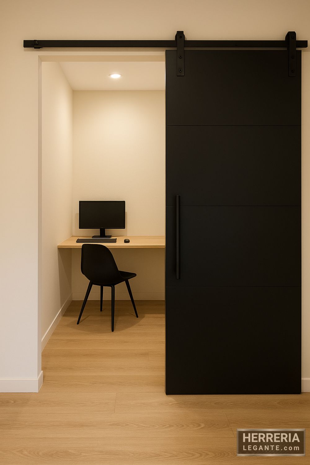 puerta corrediza de herrería negra dividiendo oficina moderna minimalista con escritorio de madera