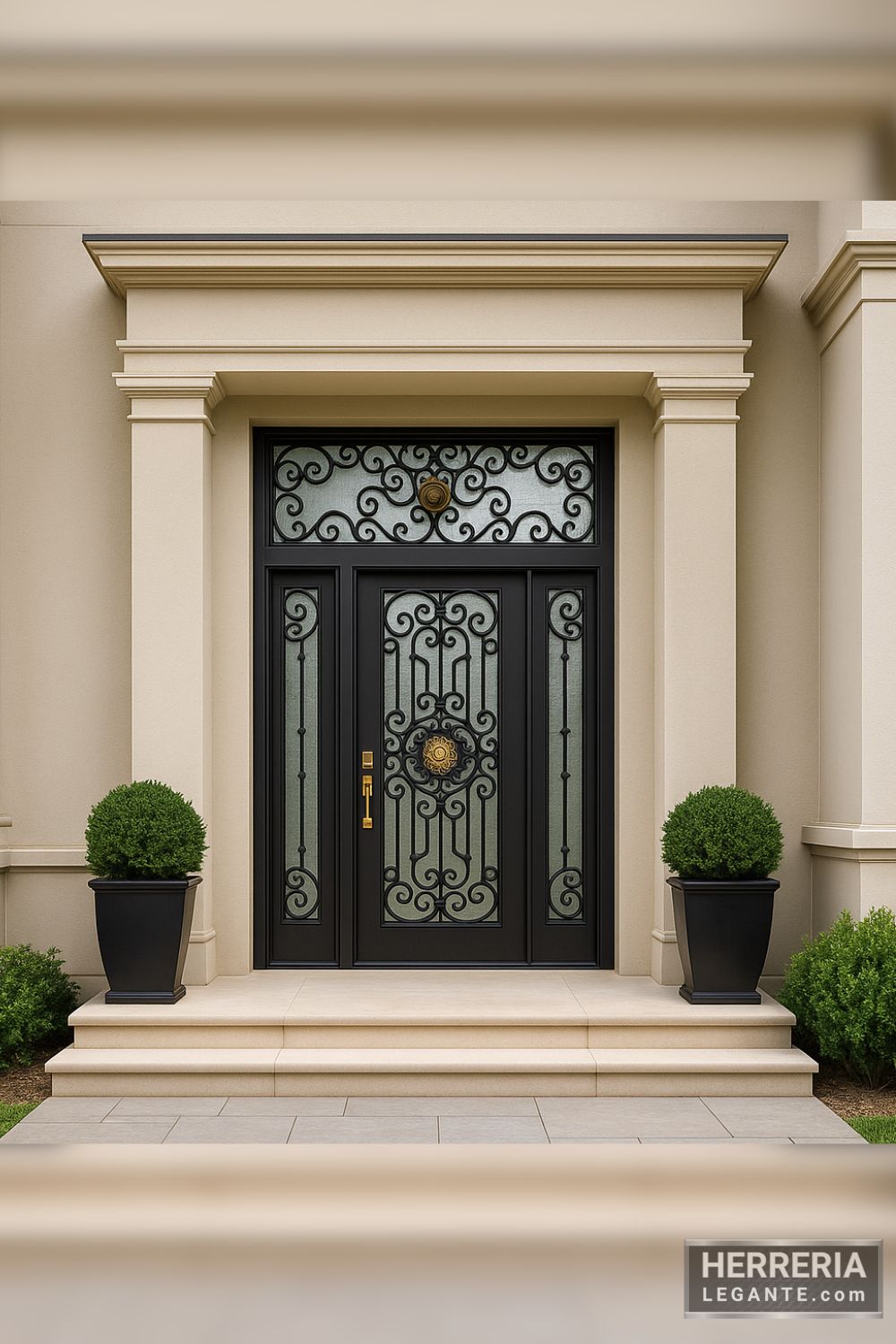 Puerta de herrería negra con diseño ornamental y medallón dorado en fachada contemporánea con columnas y molduras clásicas
