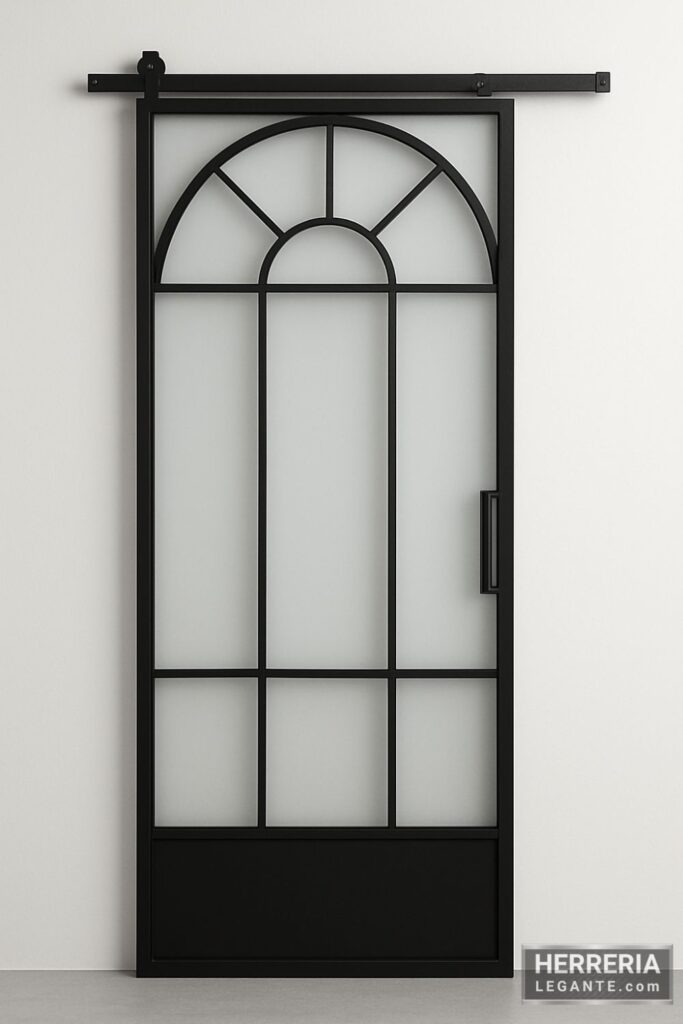 puerta corrediza de herrería con vidrio esmerilado y diseño decorativo en arco