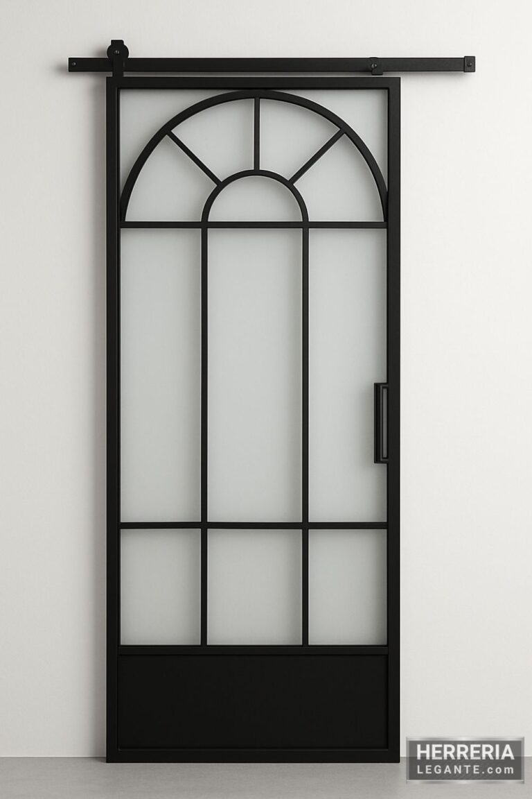 puerta corrediza de herrería con vidrio esmerilado y diseño decorativo en arco