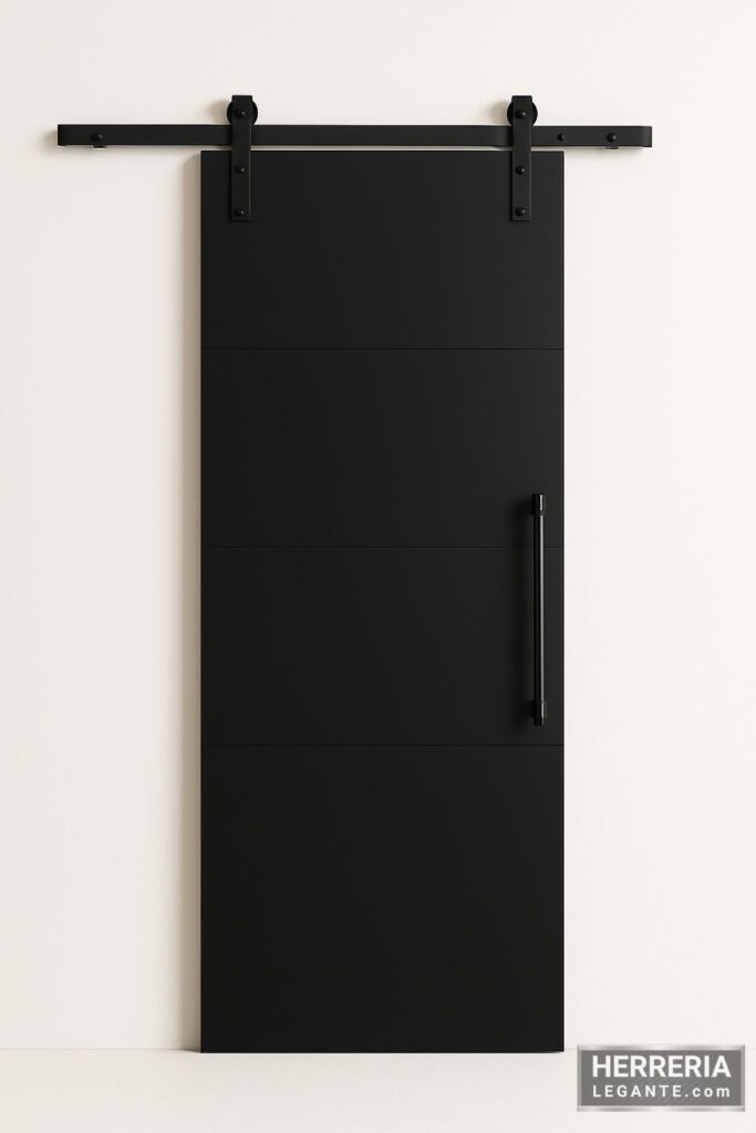 puerta corrediza de herrería compacta con superficie lisa negra y tirador vertical metálico