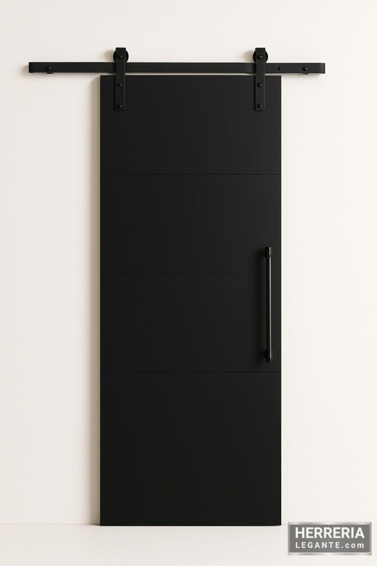 puerta corrediza de herrería compacta con superficie lisa negra y tirador vertical metálico