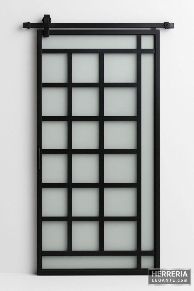 puerta de herrería corrediza con diseño geométrico y vidrio esmerilado, fondo blanco, vista frontal