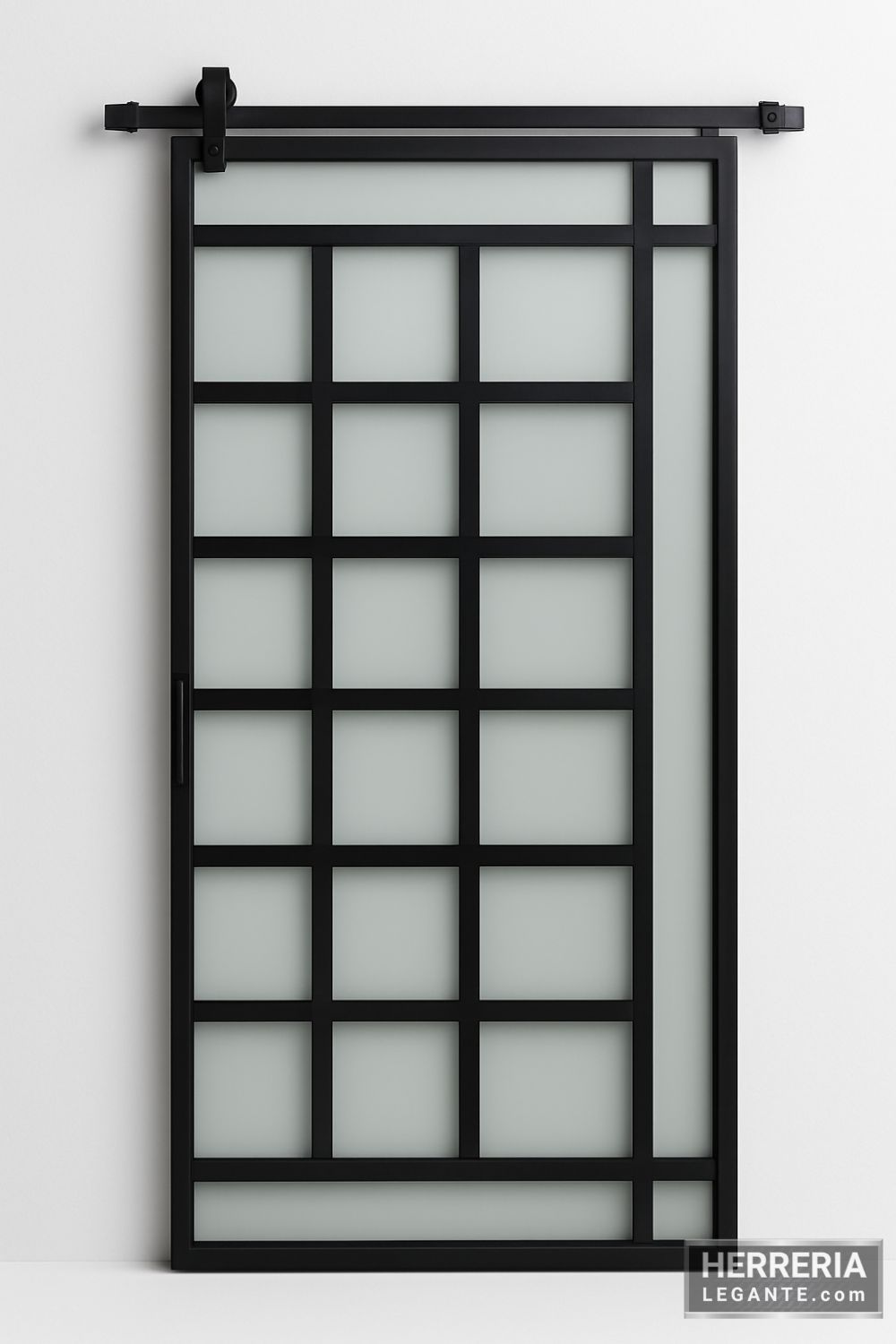 puerta de herrería corrediza con diseño geométrico y vidrio esmerilado, fondo blanco, vista frontal