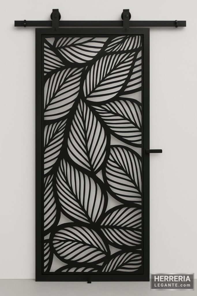 puerta de herrería corrediza con diseño calado de hojas en acabado negro mate, estilo decorativo
