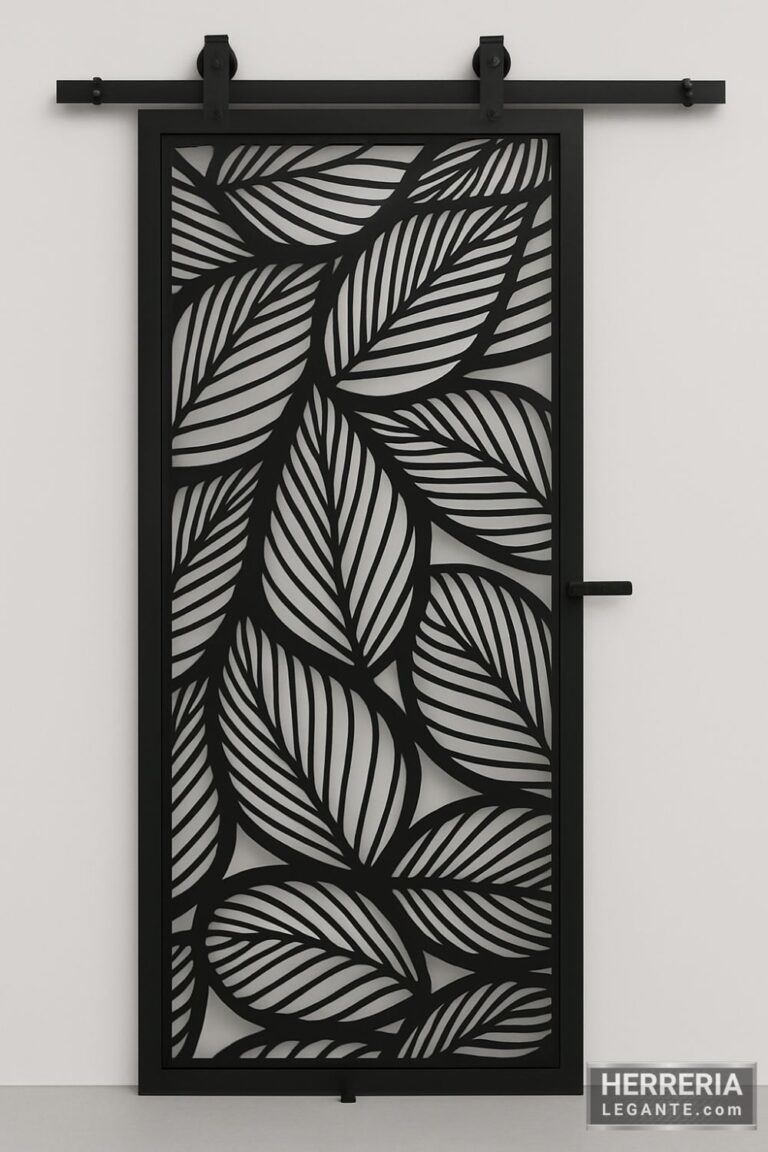puerta de herrería corrediza con diseño calado de hojas en acabado negro mate, estilo decorativo
