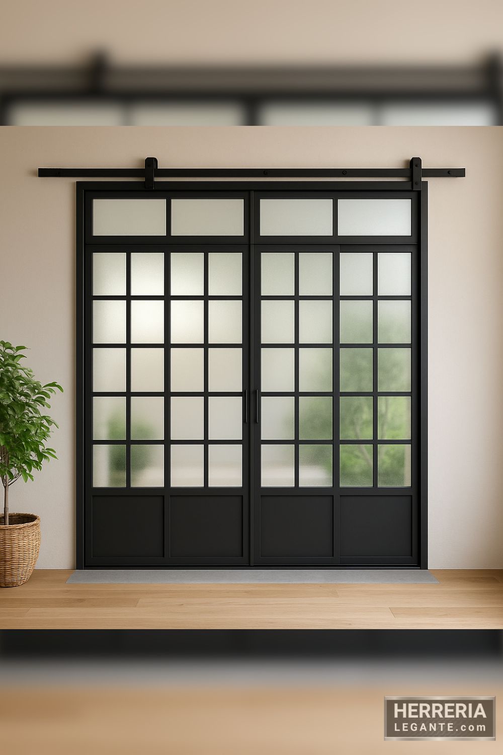 puerta corrediza de herrería de cuatro hojas con ventana superior y vidrio esmerilado, vista interior hacia jardín