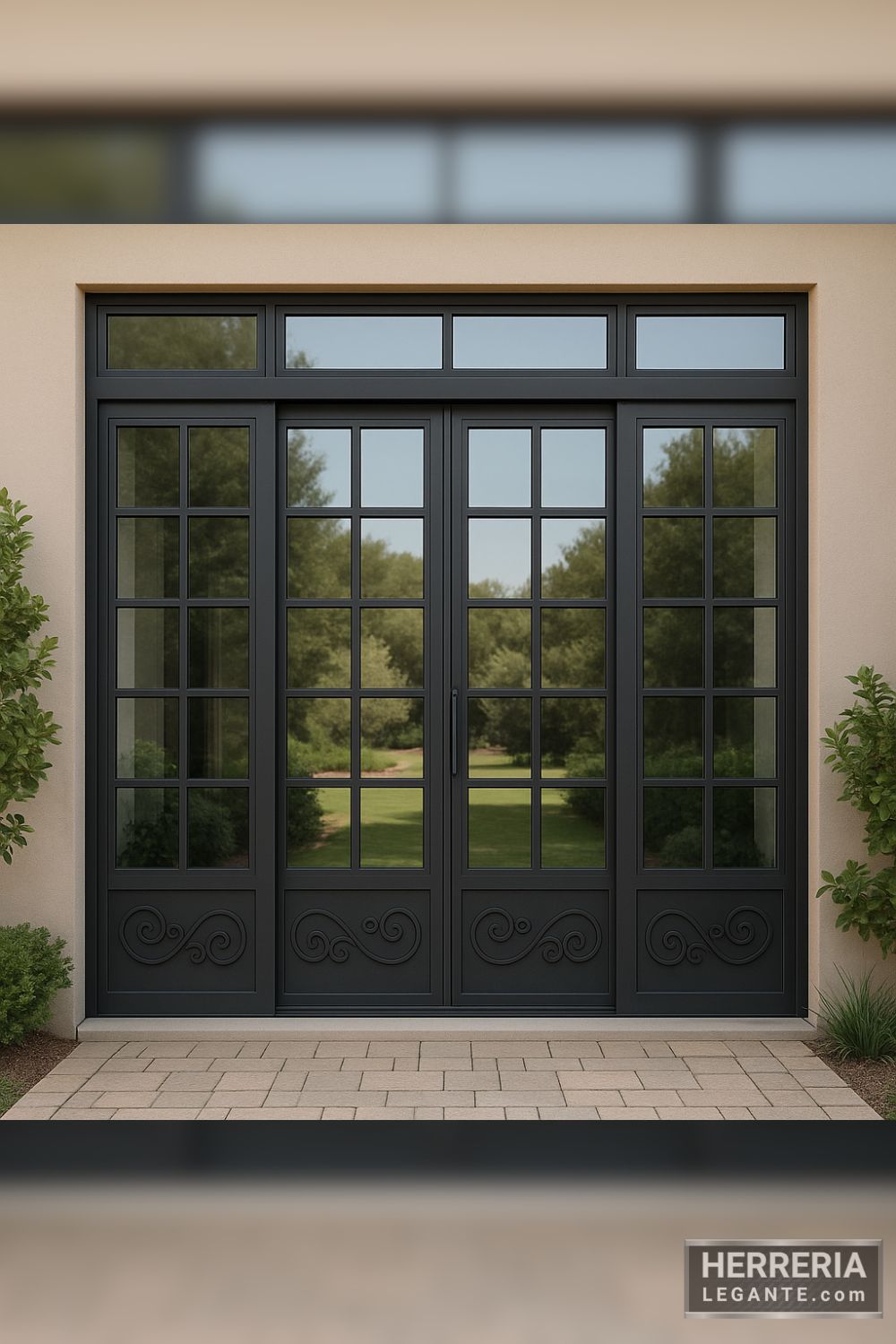 puerta corrediza de herrería con laterales y ventana superior, vista a jardín exterior