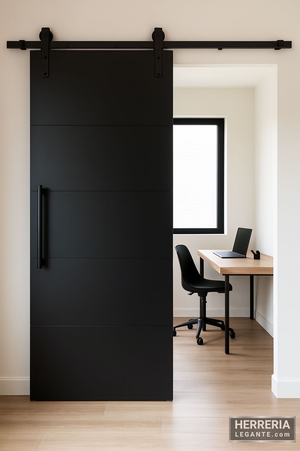 puerta corrediza de herrería negra en oficina moderna con escritorio claro y ventana amplia