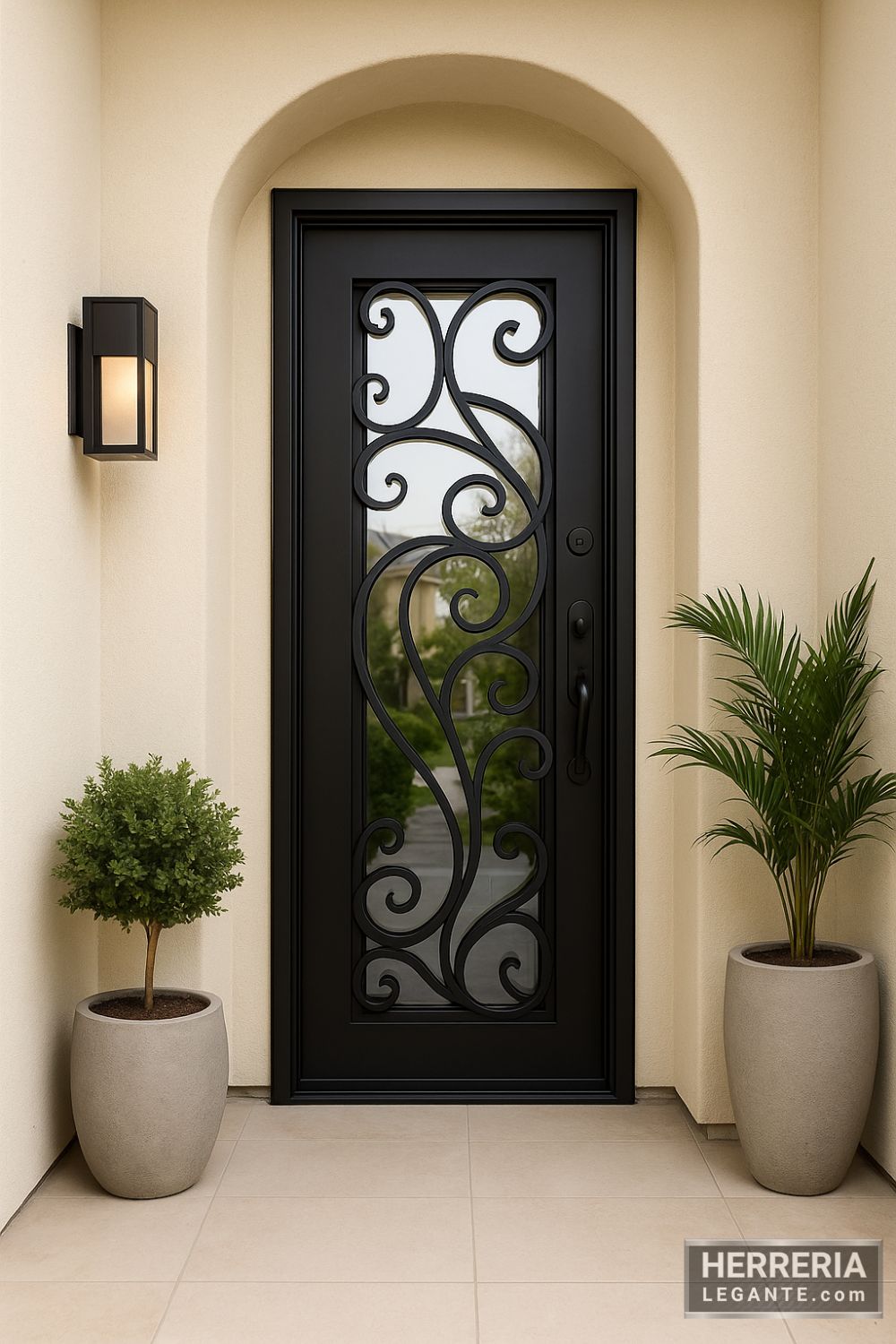 puerta de herrería negra delgada con vidrio central y forja en curvas, en entrada residencial con macetas y pared beige