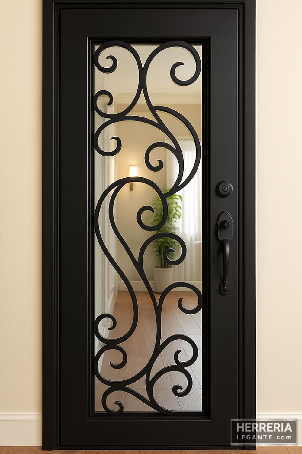 puerta de herrería negra delgada con vidrio central y forja en curvas, en interior con pared clara y planta decorativa