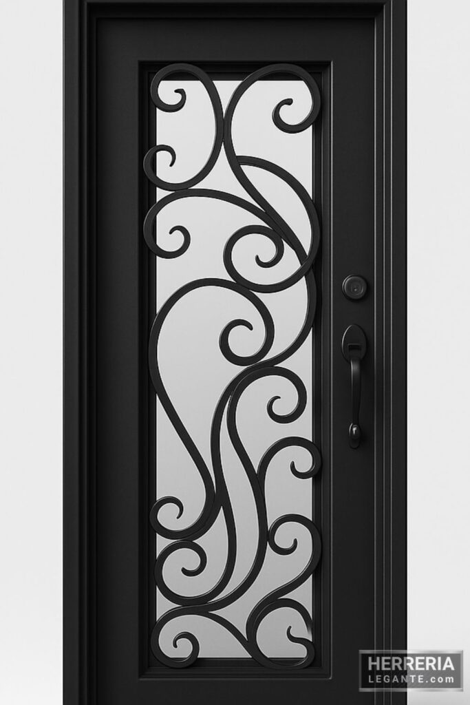 puerta de herrería negra delgada con vidrio central y diseño de forja en curvas decorativas