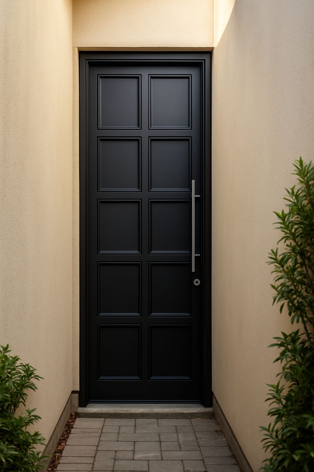 puerta de herrería delgada con diseño de paneles cuadrados empotrados en acceso estrecho entre muros lisos de concreto claro