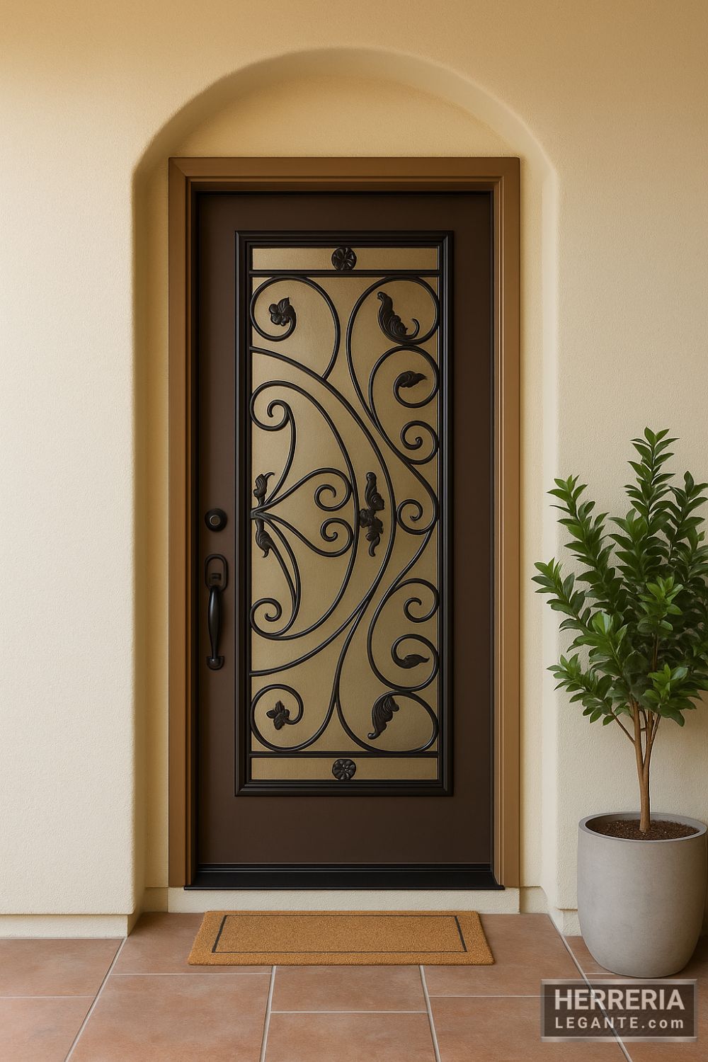 puerta de herrería con marco marrón claro, vidrio central y forja en curvas con motivos decorativos, en fachada con arco y planta en maceta