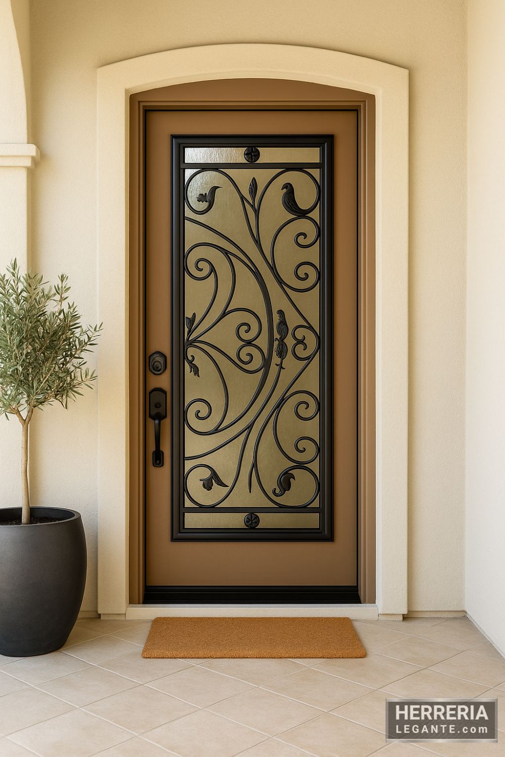 puerta de herrería con marco marrón claro, vidrio central y forja en curvas con motivos decorativos, en fachada crema con planta en maceta