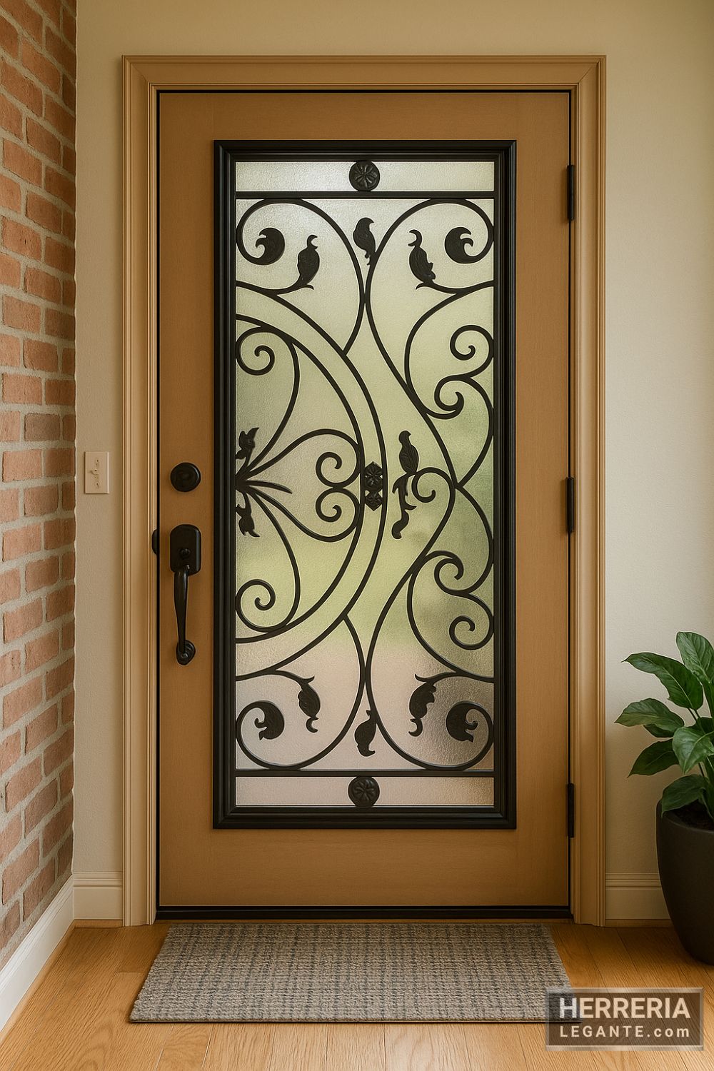 puerta de herrería con marco marrón claro, vidrio central y forja en curvas con motivos de aves, en interior con pared de ladrillo y planta decorativa
