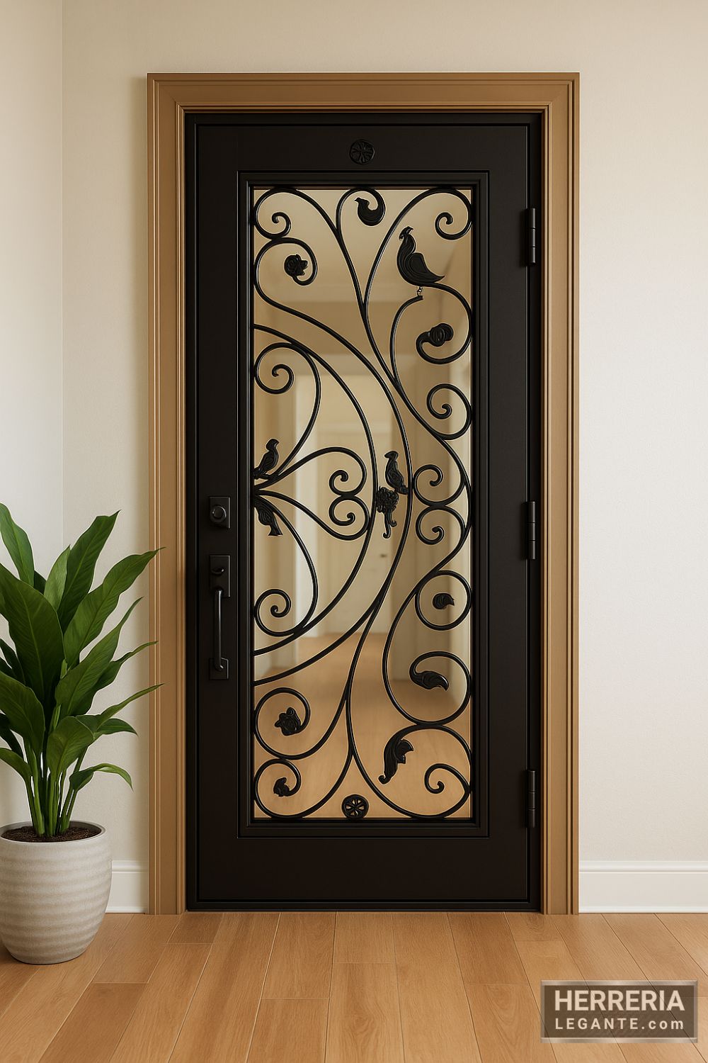 puerta de herrería con marco marrón claro, vidrio central y forja en curvas con detalles decorativos, en interior con piso de madera y planta en maceta