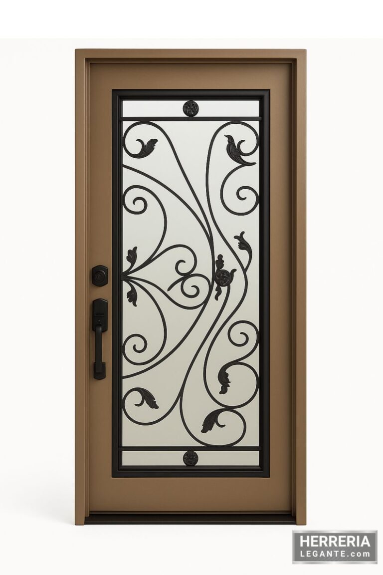 puerta de herrería con marco marrón claro, vidrio central y diseño de forja en curvas y detalles decorativos