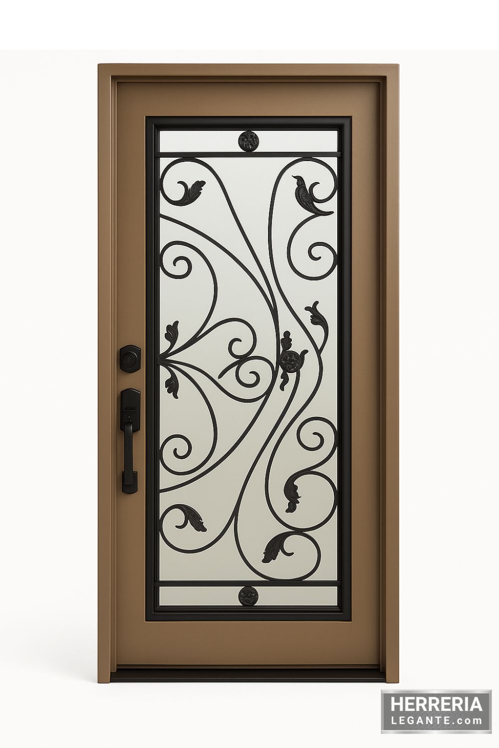 puerta de herrería con marco marrón claro, vidrio central y diseño de forja en curvas y detalles decorativos