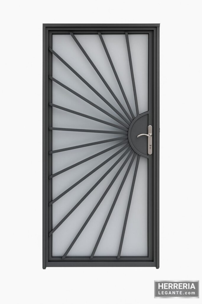 puerta de herrería moderna con diseño radial tipo abanico, vidrio opaco y estructura de hierro negro, fondo neutro blanco