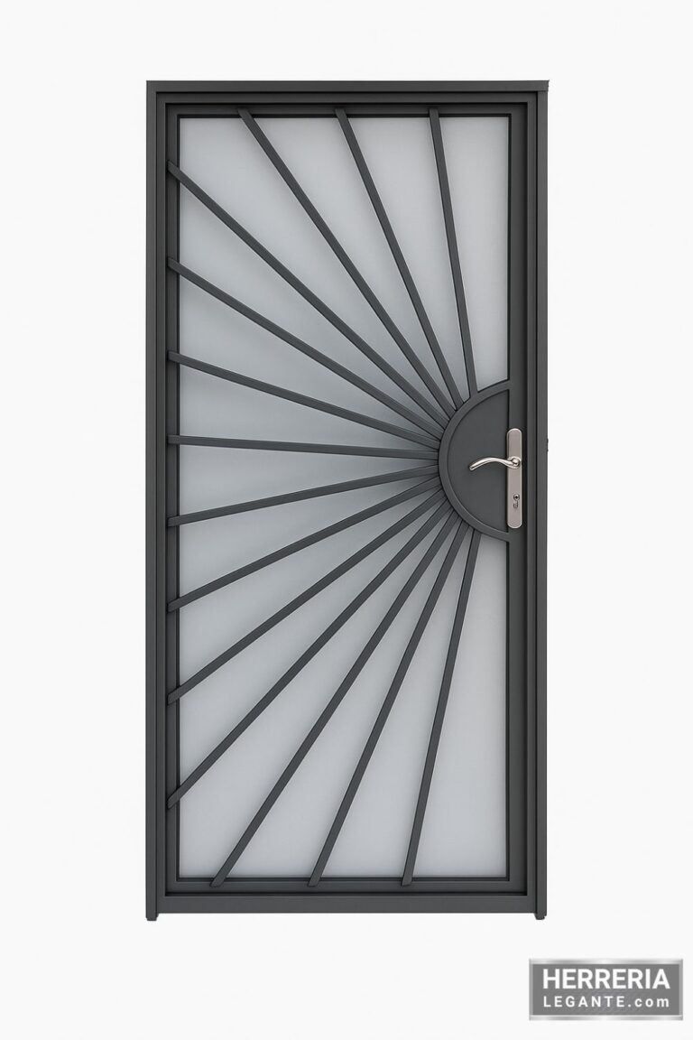 puerta de herrería moderna con diseño radial tipo abanico, vidrio opaco y estructura de hierro negro, fondo neutro blanco