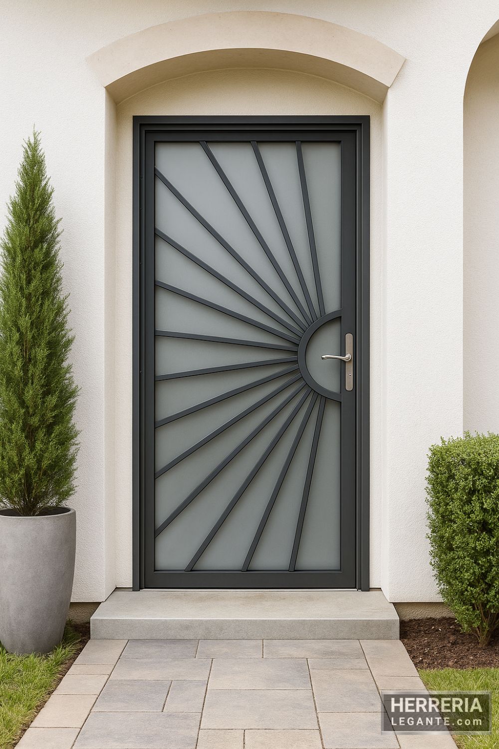 puerta de herrería negra con diseño radial tipo abanico y vidrio opaco, en fachada con arco de piedra clara y macetas con plantas verdes