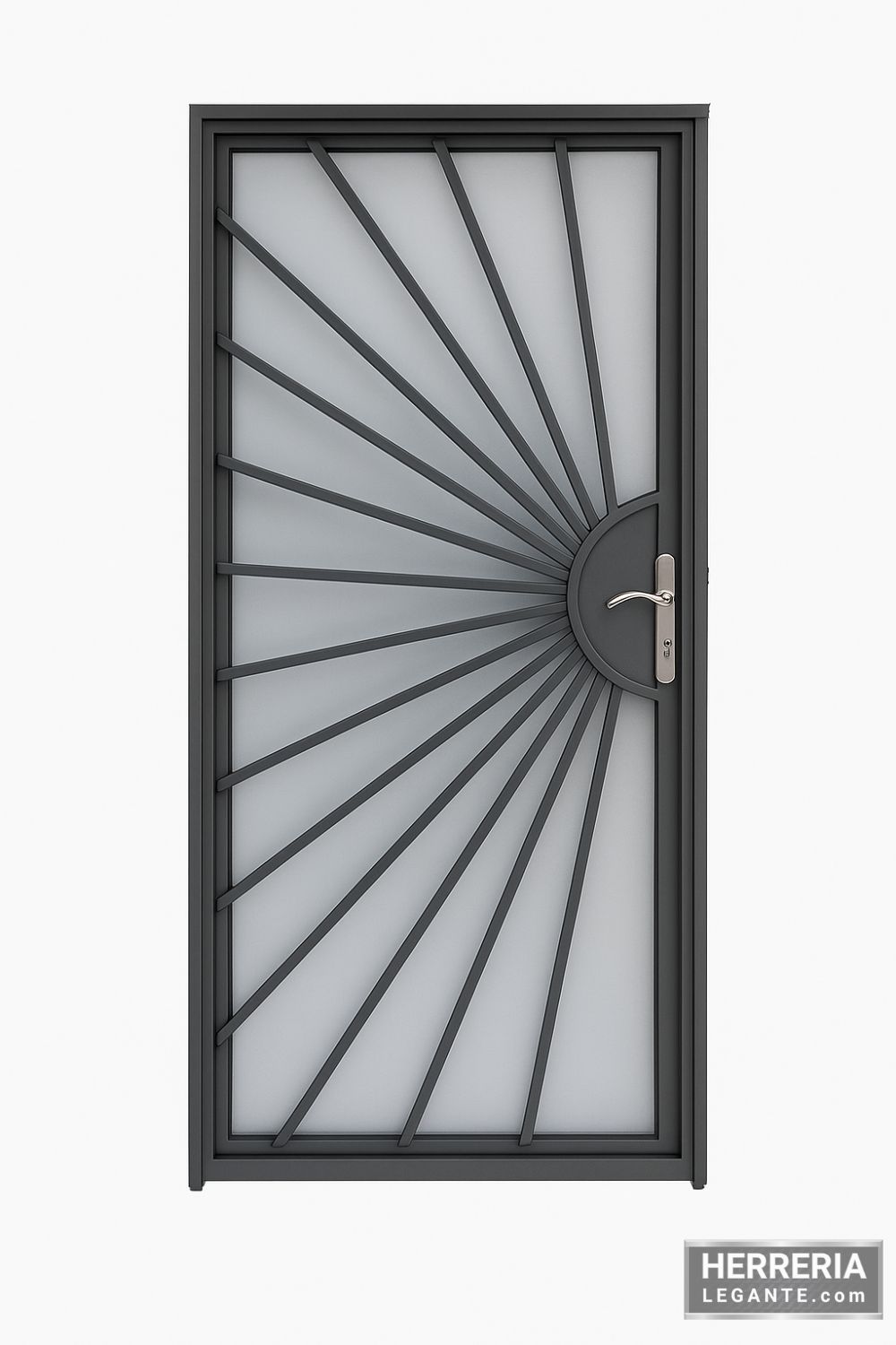 puerta de herrería moderna con diseño radial tipo abanico, vidrio opaco y estructura de hierro negro, fondo neutro blanco