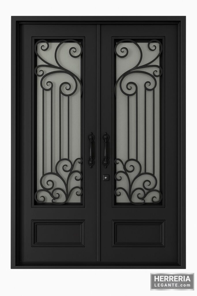 puerta de herrería doble en color negro mate con vidrio esmerilado y diseño simétrico de forja curvilínea, fondo neutro blanco