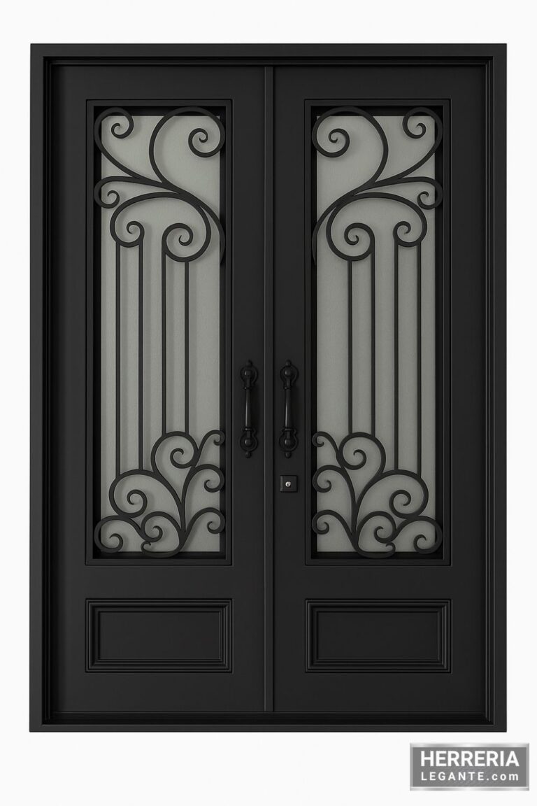 puerta de herrería doble en color negro mate con vidrio esmerilado y diseño simétrico de forja curvilínea, fondo neutro blanco
